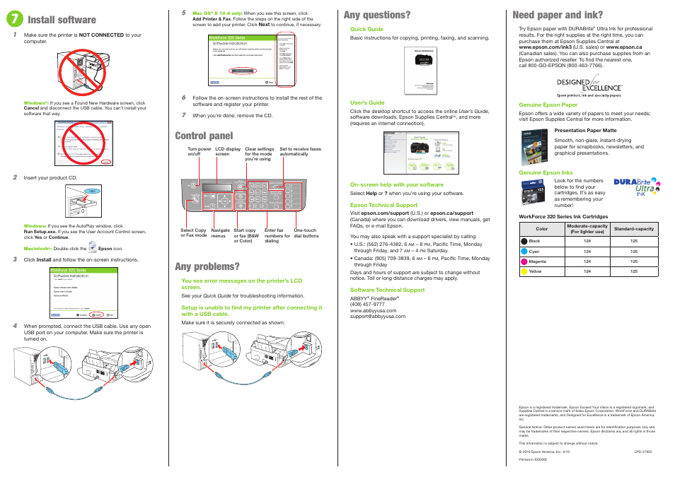 Install software, Control panel, Any problems | Need paper and ink, Any questions | Epson WORKFORCE 320 SERIES User Manual | Page 3 / 4