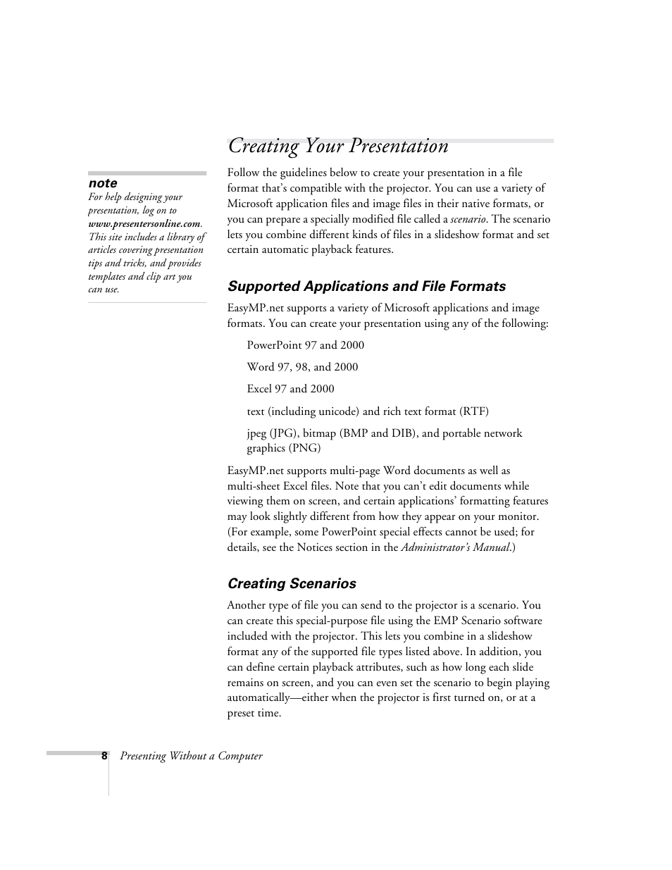 Creating your presentation, Supported applications and file formats, Creating scenarios | Epson 8150i User Manual | Page 13 / 83