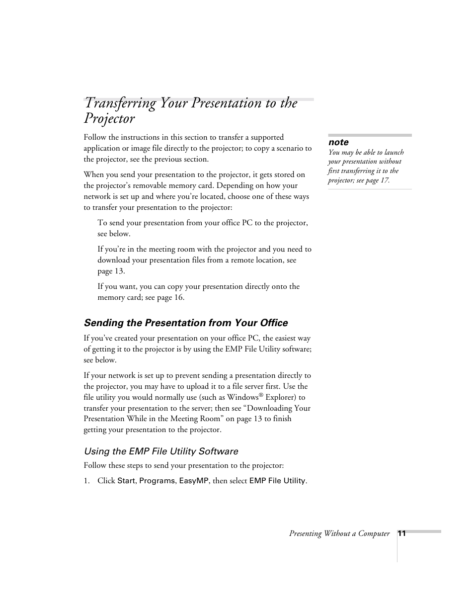 Transferring your presentation to the projector, Sending the presentation from your office | Epson 8150i User Manual | Page 16 / 83