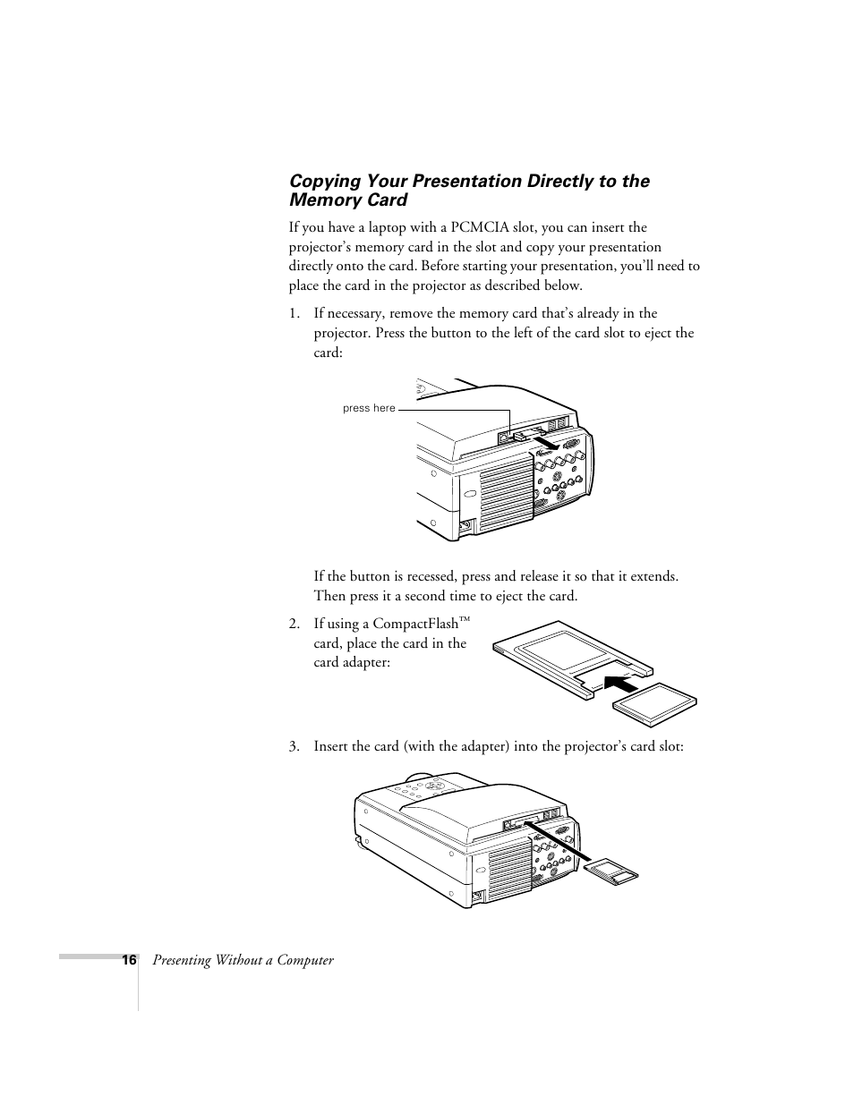 Copying your presentation directly, To the memory card | Epson 8150i User Manual | Page 21 / 83