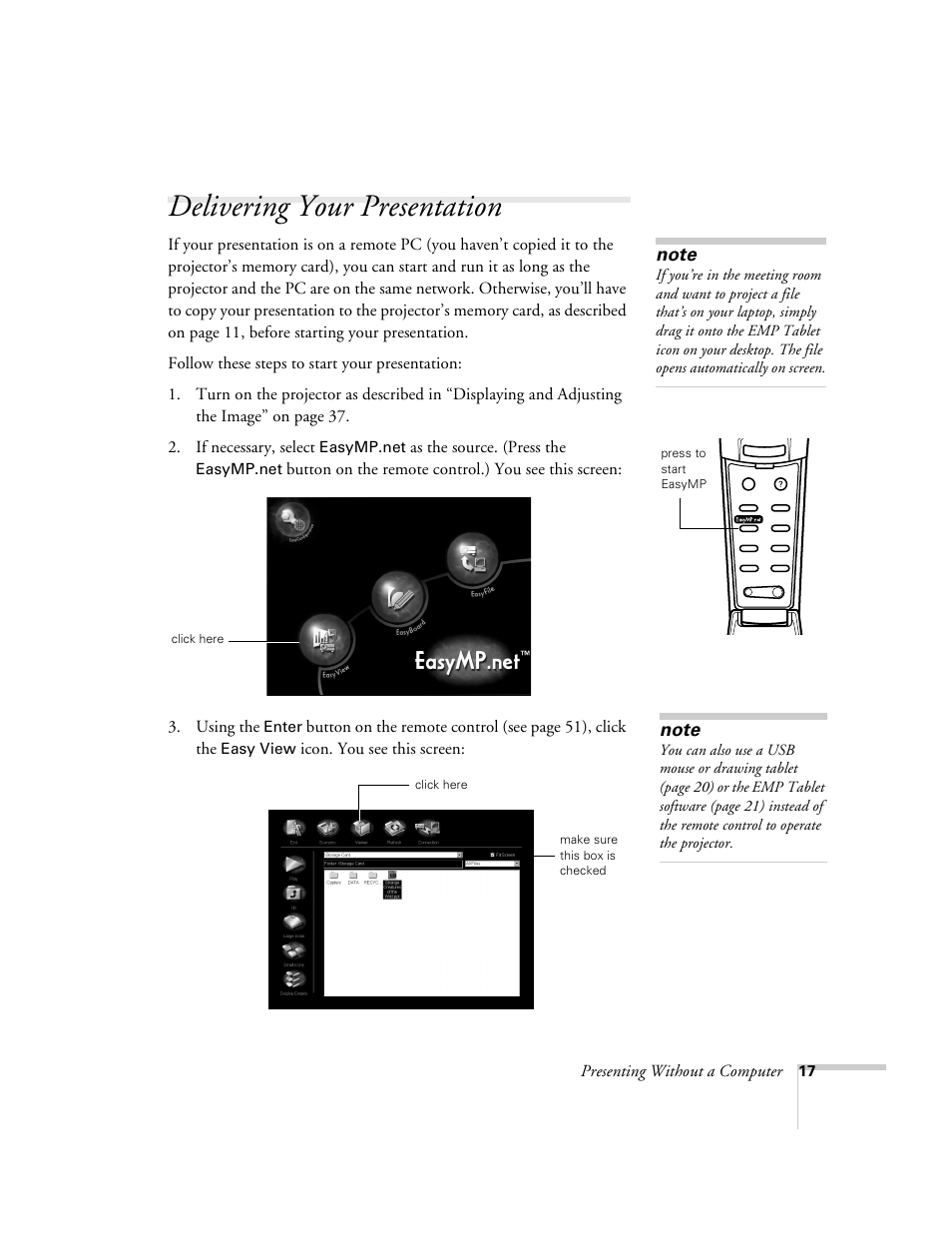 Delivering your presentation, Presenting without a computer, As the source. (press the | Icon. you see this screen | Epson 8150i User Manual | Page 22 / 83