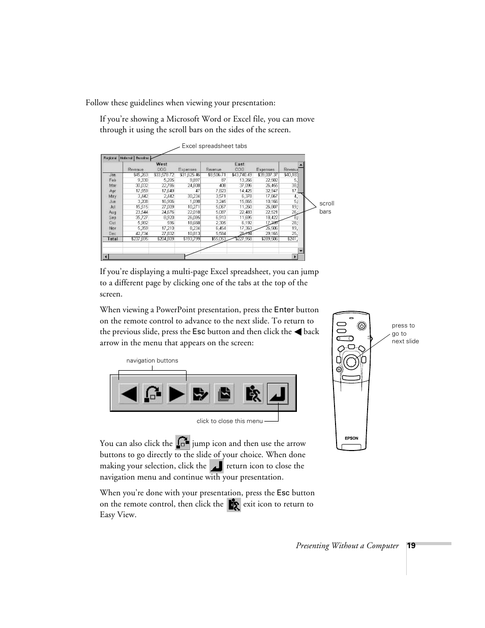 Presenting without a computer, When viewing a powerpoint presentation, press the | Epson 8150i User Manual | Page 24 / 83