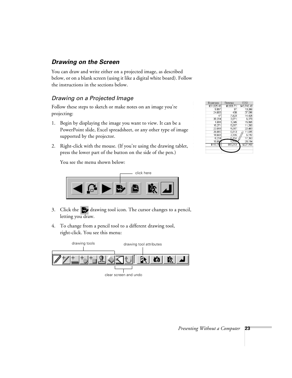 Drawing on the screen | Epson 8150i User Manual | Page 28 / 83