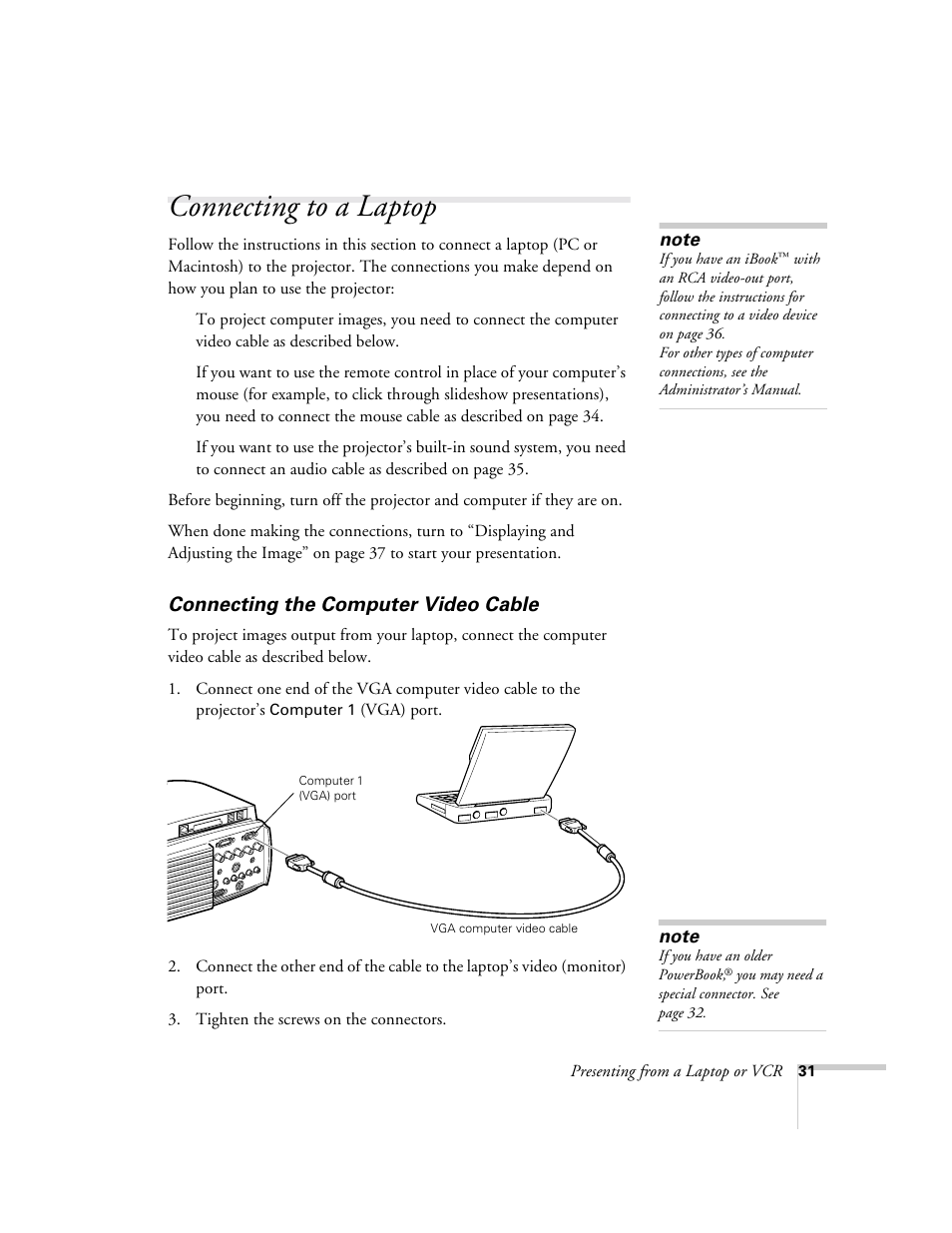 Connecting to a laptop, Connecting the computer video cable | Epson 8150i User Manual | Page 36 / 83