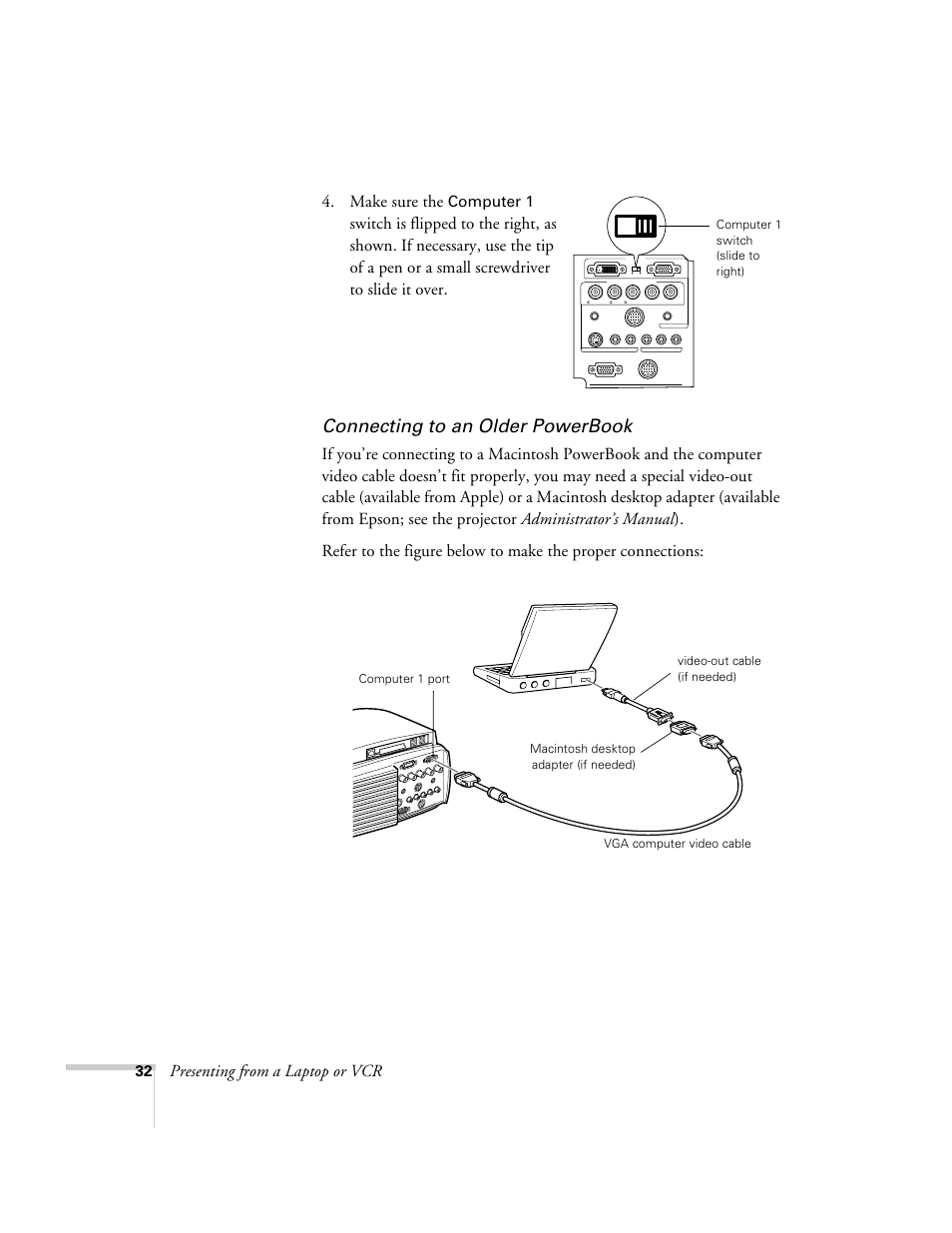 Connecting to an older powerbook, Presenting from a laptop or vcr 4. make sure the, Computer 1 | Epson 8150i User Manual | Page 37 / 83