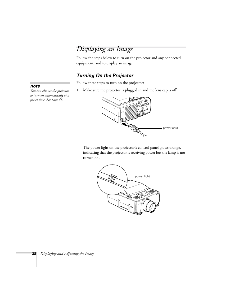 Displaying an image, Turning on the projector | Epson 8150i User Manual | Page 43 / 83