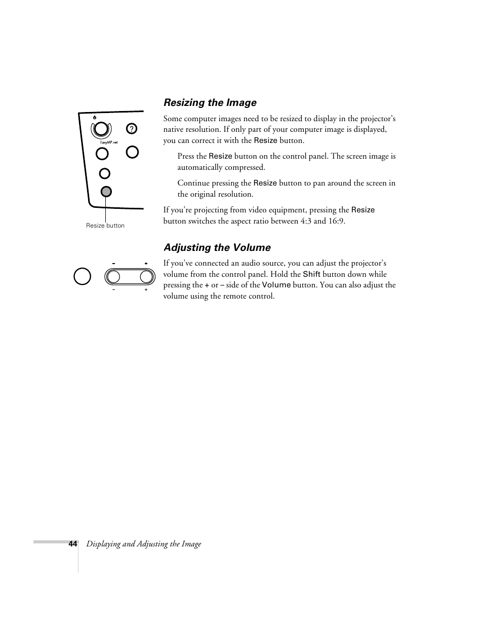 Resizing the image, Adjusting the volume, Resizing the image adjusting the volume | Epson 8150i User Manual | Page 49 / 83