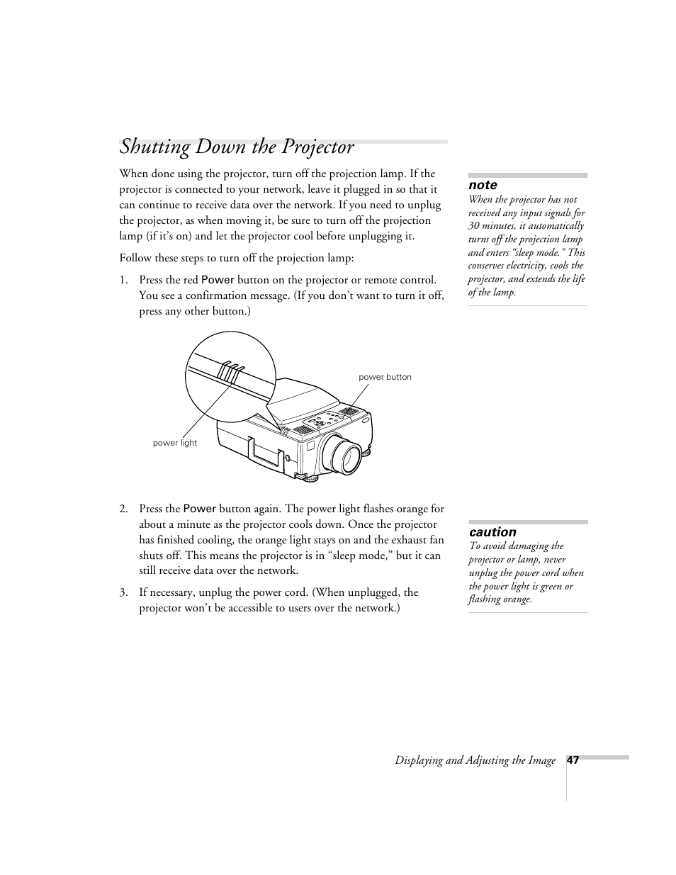 Shutting down the projector | Epson 8150i User Manual | Page 52 / 83