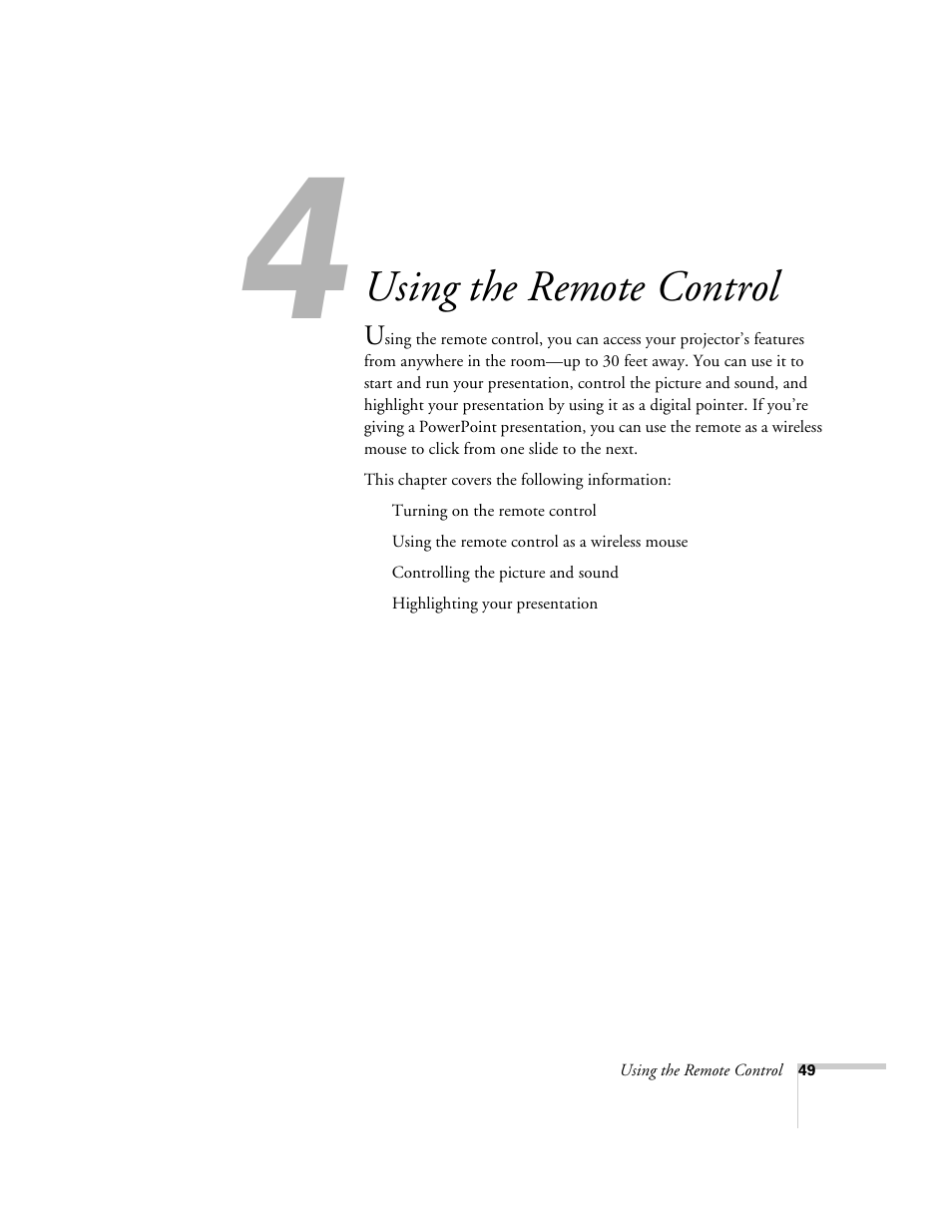 Chap 4-using the remote control, Using the, Remote control | Using the remote control | Epson 8150i User Manual | Page 54 / 83