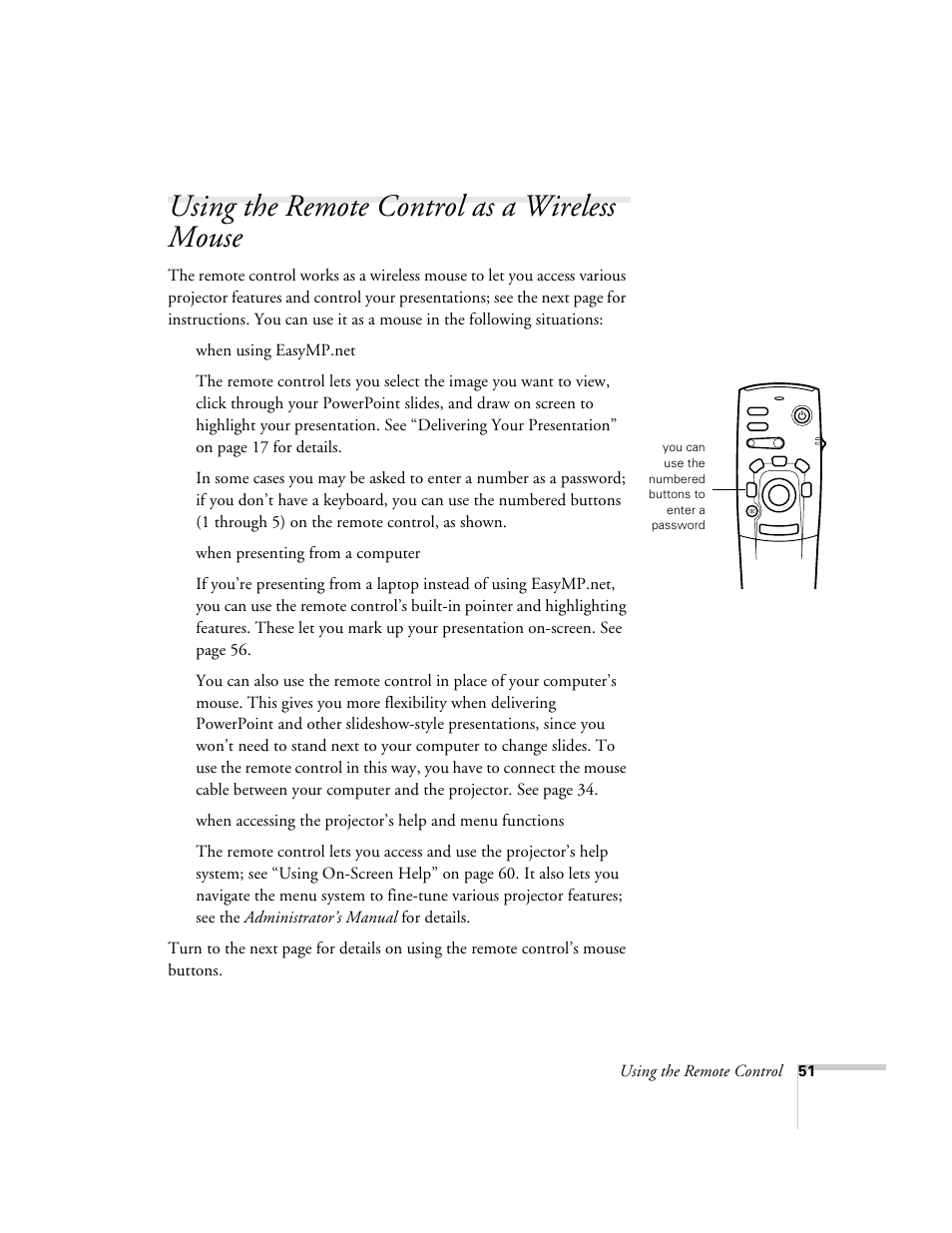 Using the remote control as a wireless mouse, Using the remote control | Epson 8150i User Manual | Page 56 / 83