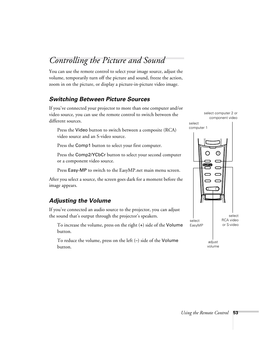 Controlling the picture and sound, Switching between picture sources, Adjusting the volume | Epson 8150i User Manual | Page 58 / 83