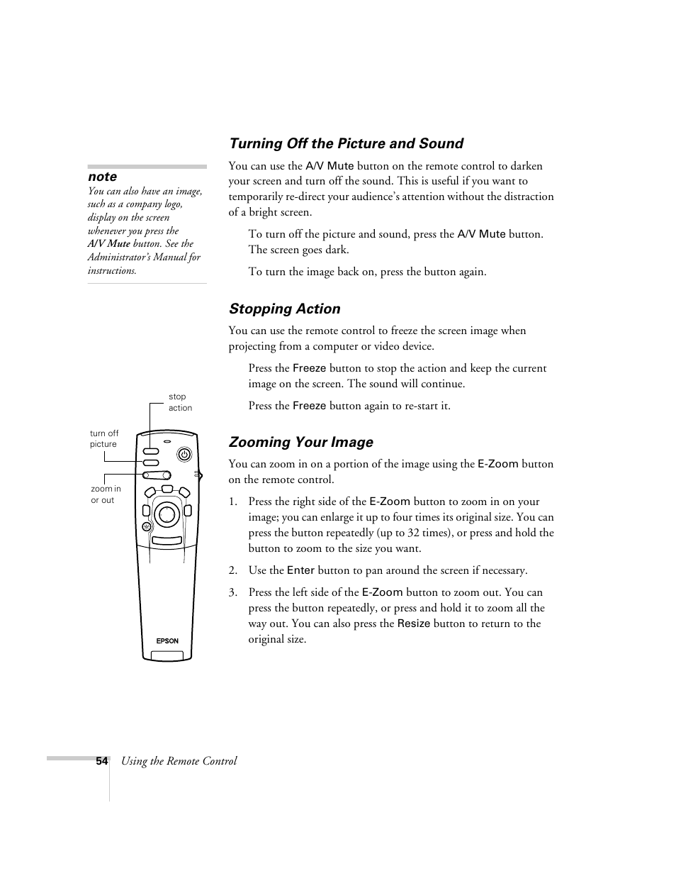 Turning off the picture and sound, Stopping action, Zooming your image | Epson 8150i User Manual | Page 59 / 83