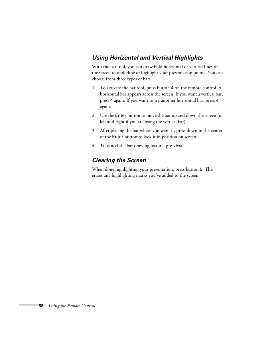 Using horizontal and vertical highlights, Clearing the screen | Epson 8150i User Manual | Page 63 / 83