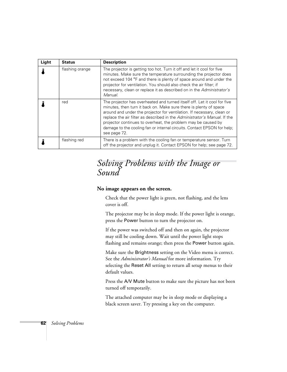 Solving problems with the image or sound | Epson 8150i User Manual | Page 67 / 83