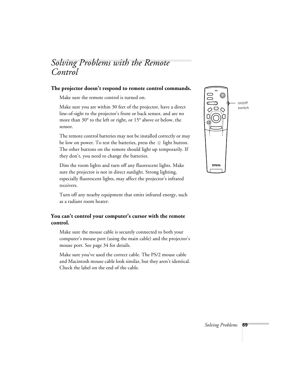 Solving problems with the remote control, Solving problems, Make sure the remote control is turned on | Epson 8150i User Manual | Page 74 / 83