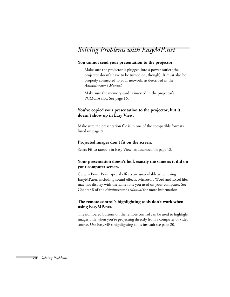 Solving problems with easymp.net | Epson 8150i User Manual | Page 75 / 83