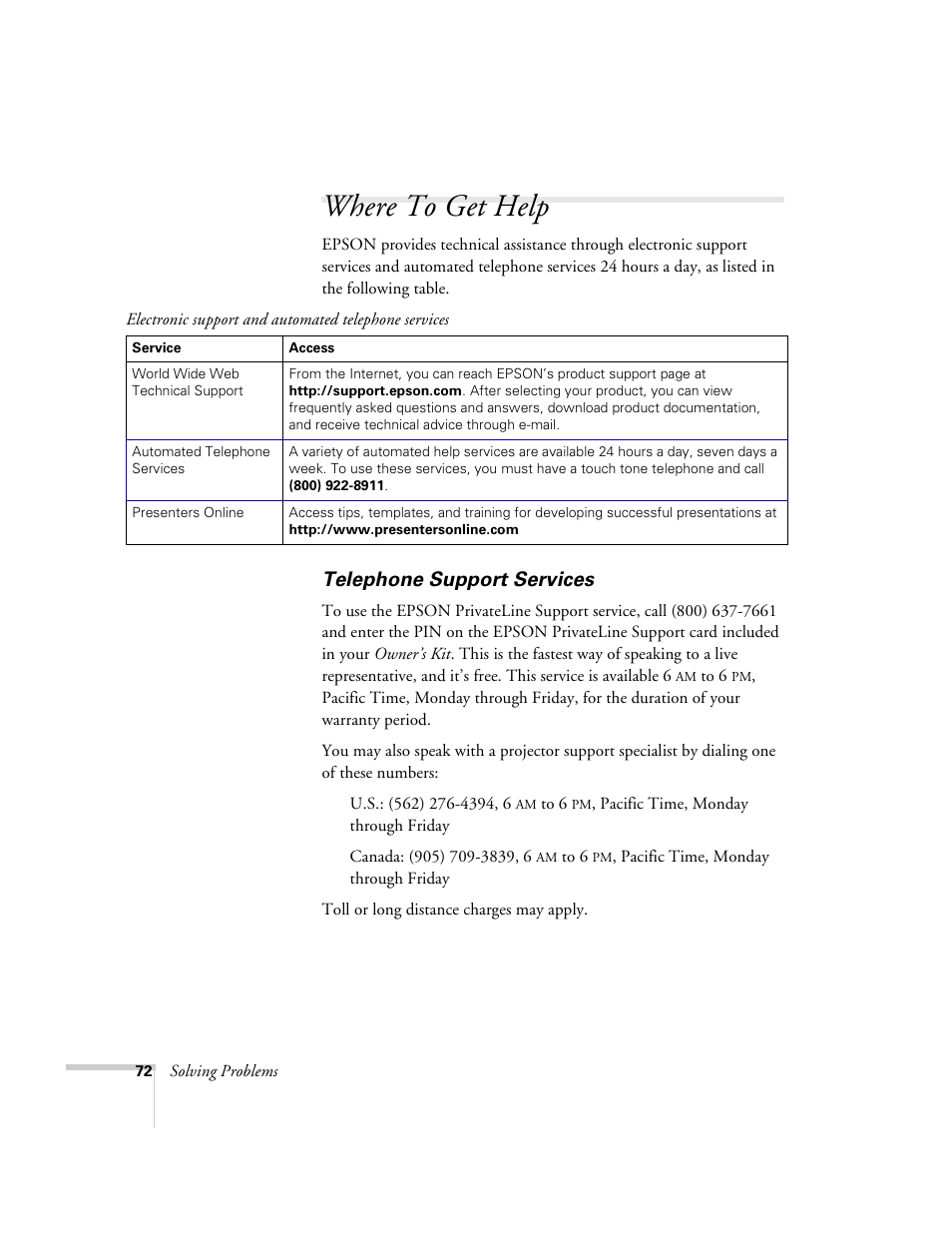 Where to get help, Telephone support services | Epson 8150i User Manual | Page 77 / 83