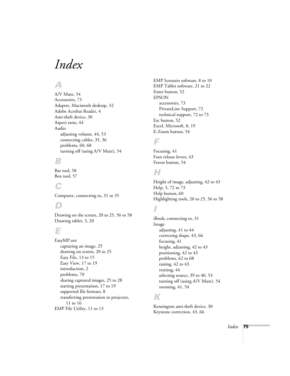 Index | Epson 8150i User Manual | Page 80 / 83