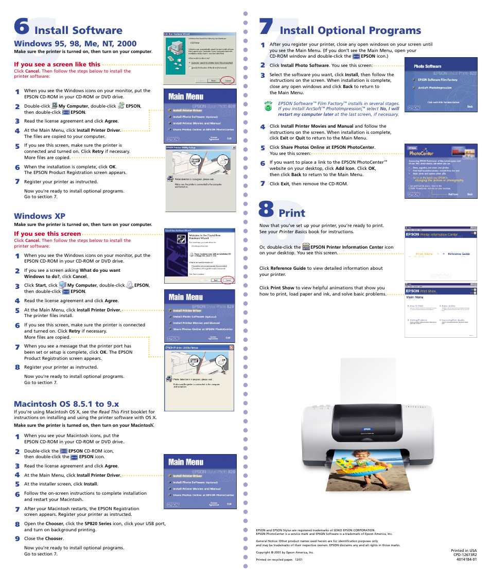 Print, Install optional programs, Install software | Epson Stylus Photo 820 User Manual | Page 2 / 2