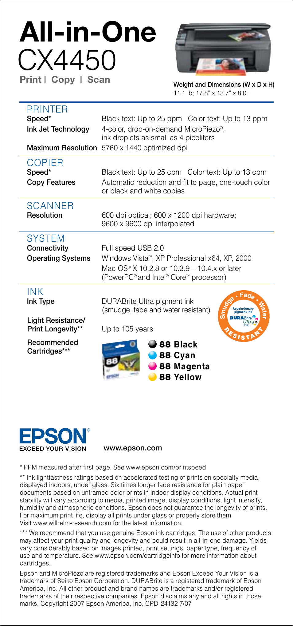 All-in-one cx4450, Printer, Copier | Scanner, System, Print | copy | scan | Epson CX4450 User Manual | Page 2 / 2