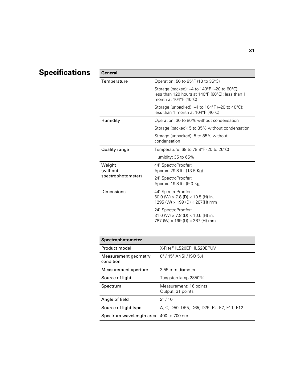 Specifications | Epson Printer Accessories User Manual | Page 31 / 36
