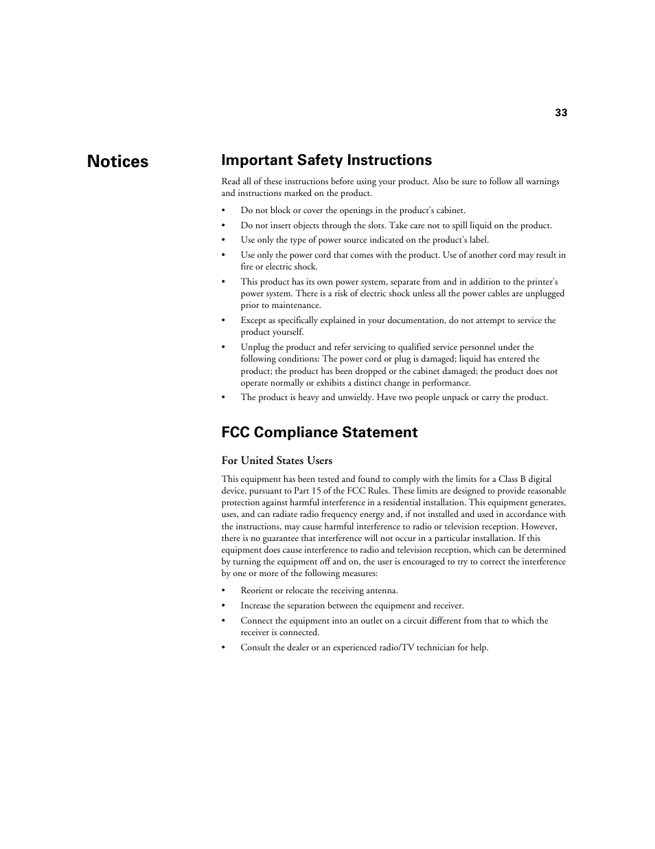 Important safety instructions, Fcc compliance statement, Notices | Epson Printer Accessories User Manual | Page 33 / 36