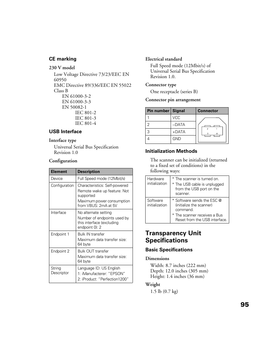 Transparency unit specifications | Epson Perfection 1200U User Manual | Page 102 / 113
