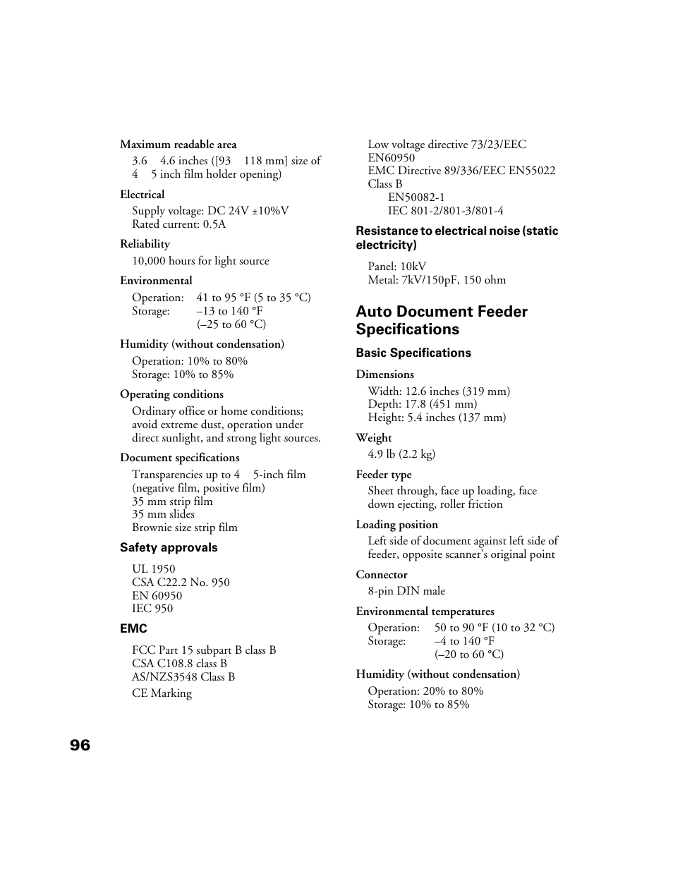 Auto document feeder specifications | Epson Perfection 1200U User Manual | Page 103 / 113