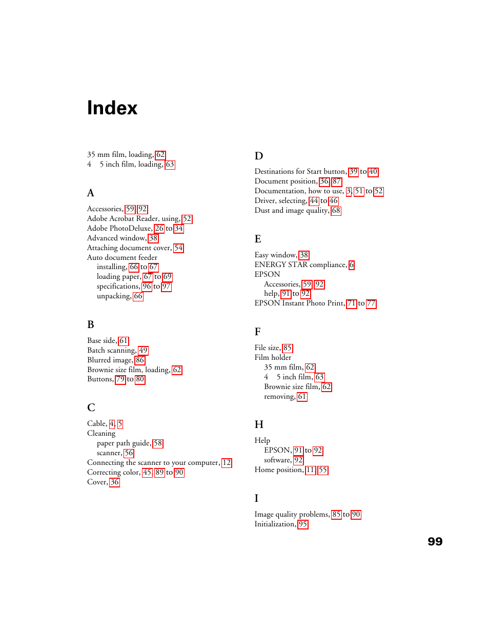 Index | Epson Perfection 1200U User Manual | Page 106 / 113