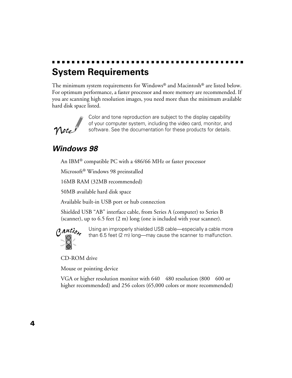 System requirements, Windows 98 | Epson Perfection 1200U User Manual | Page 11 / 113