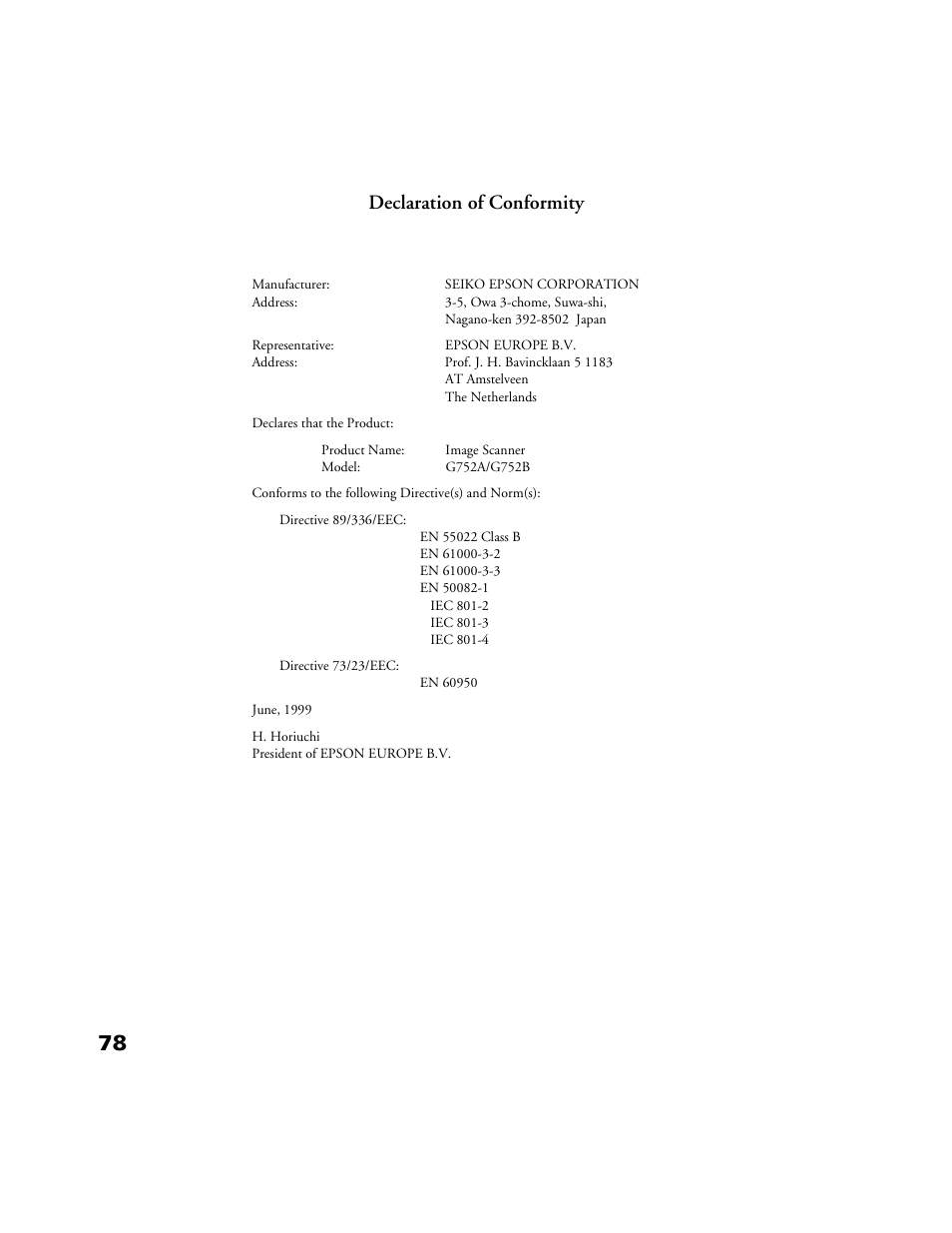Declaration of conformity | Epson Perfection 1200U User Manual | Page 112 / 113