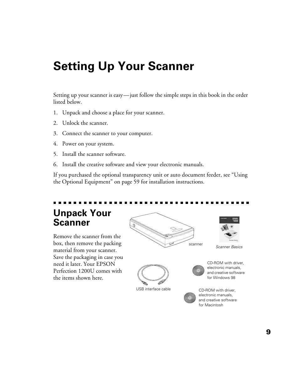 Setting up your scanner, Unpack your scanner | Epson Perfection 1200U User Manual | Page 16 / 113