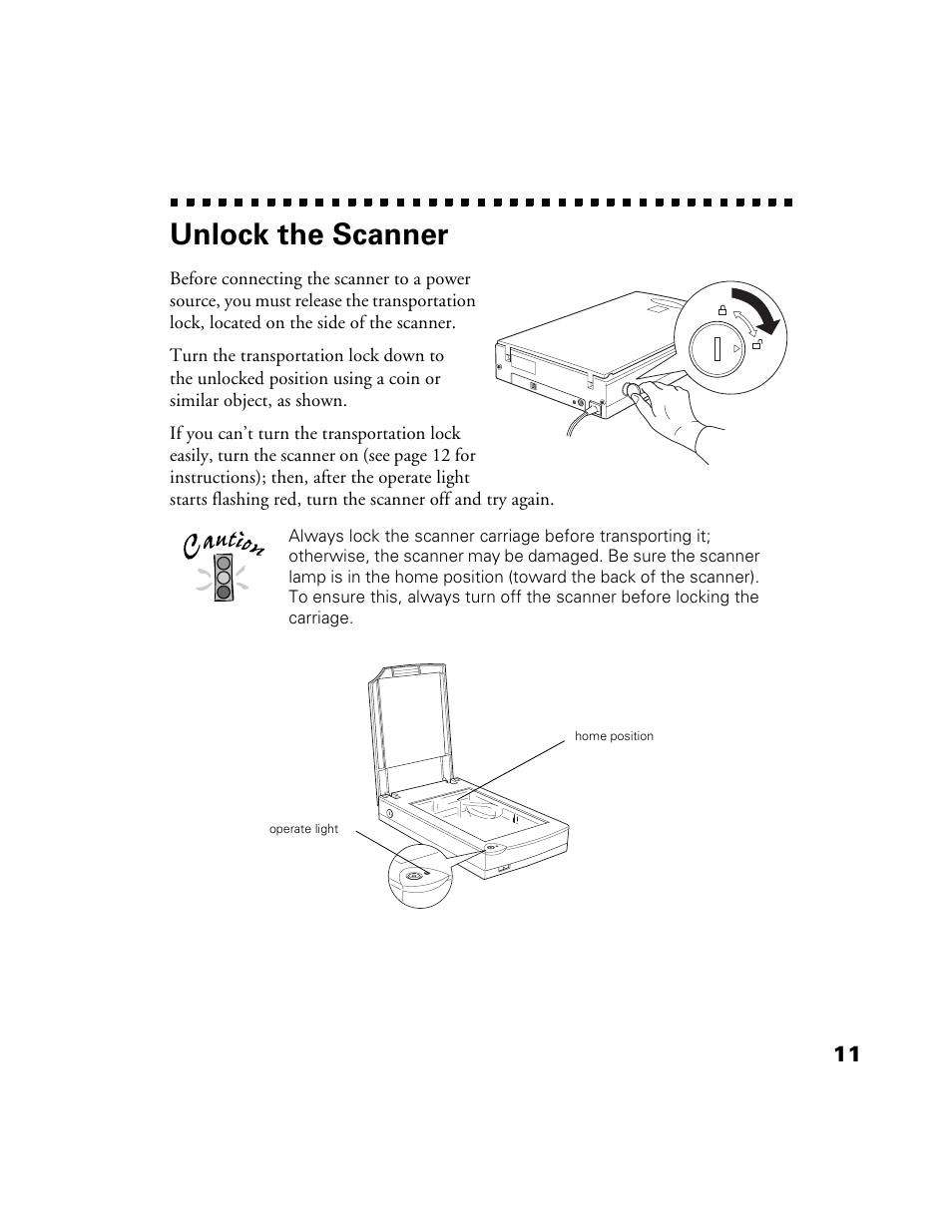 Unlock the scanner | Epson Perfection 1200U User Manual | Page 18 / 113