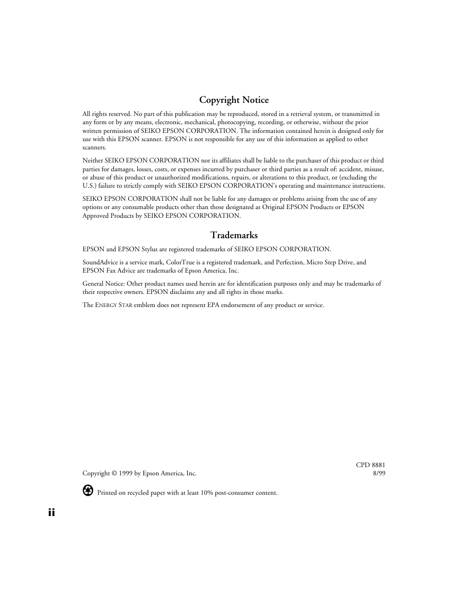 Copyright notice, Trademarks | Epson Perfection 1200U User Manual | Page 3 / 113