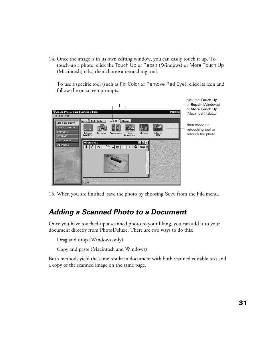 Adding a scanned photo to a document | Epson Perfection 1200U User Manual | Page 38 / 113