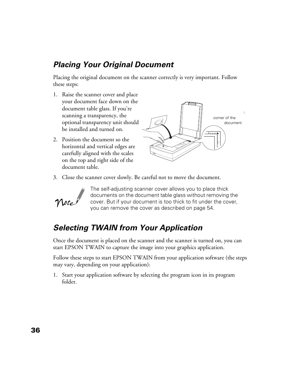 Placing your original document, Selecting twain from your application | Epson Perfection 1200U User Manual | Page 43 / 113