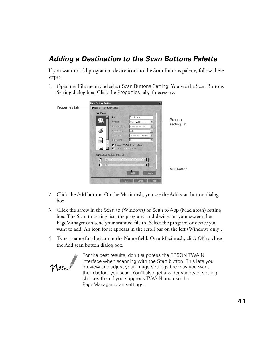 Adding a destination to the scan buttons palette | Epson Perfection 1200U User Manual | Page 48 / 113