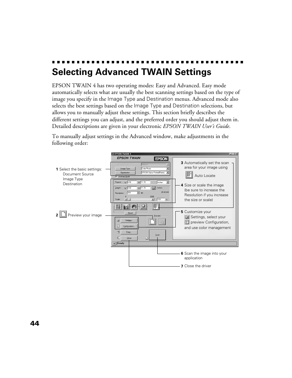 Selecting advanced twain settings | Epson Perfection 1200U User Manual | Page 51 / 113