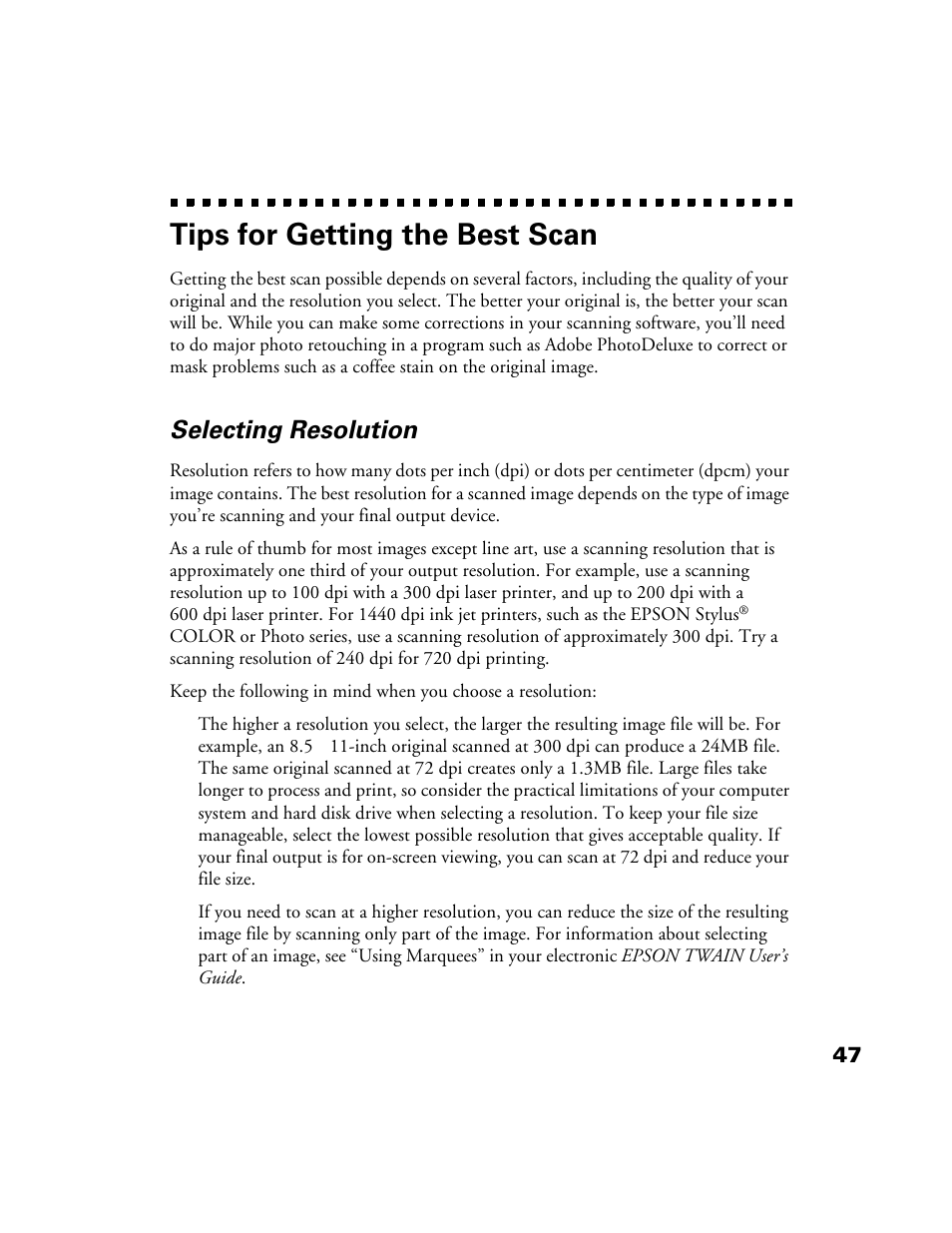 Tips for getting the best scan, Selecting resolution | Epson Perfection 1200U User Manual | Page 54 / 113