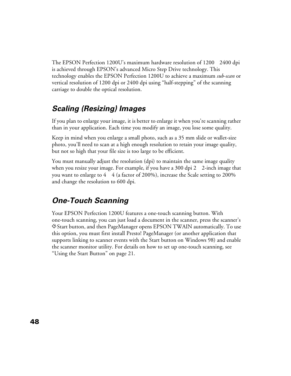 Scaling (resizing) images, One-touch scanning | Epson Perfection 1200U User Manual | Page 55 / 113
