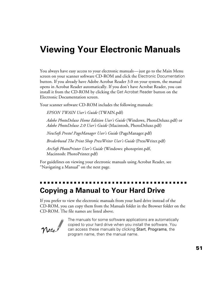 Viewing your electronic manuals, Copying a manual to your hard drive | Epson Perfection 1200U User Manual | Page 58 / 113