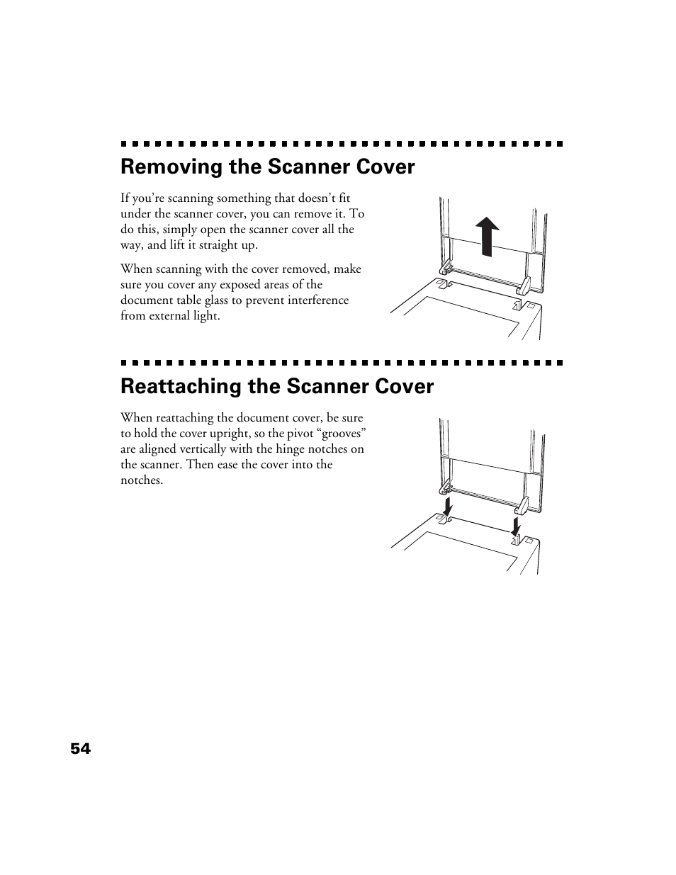 Removing the scanner cover, Reattaching the scanner cover | Epson Perfection 1200U User Manual | Page 61 / 113