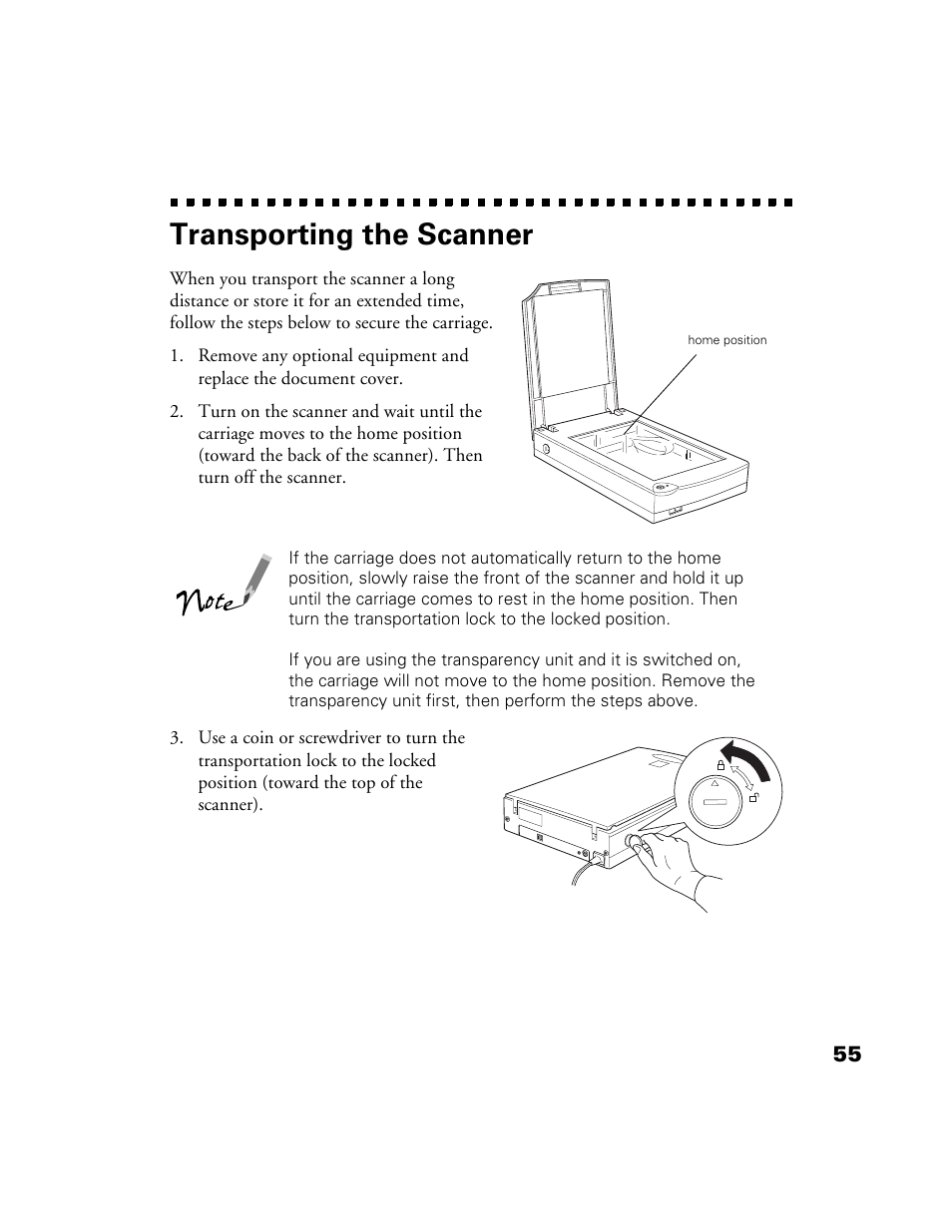 Transporting the scanner | Epson Perfection 1200U User Manual | Page 62 / 113