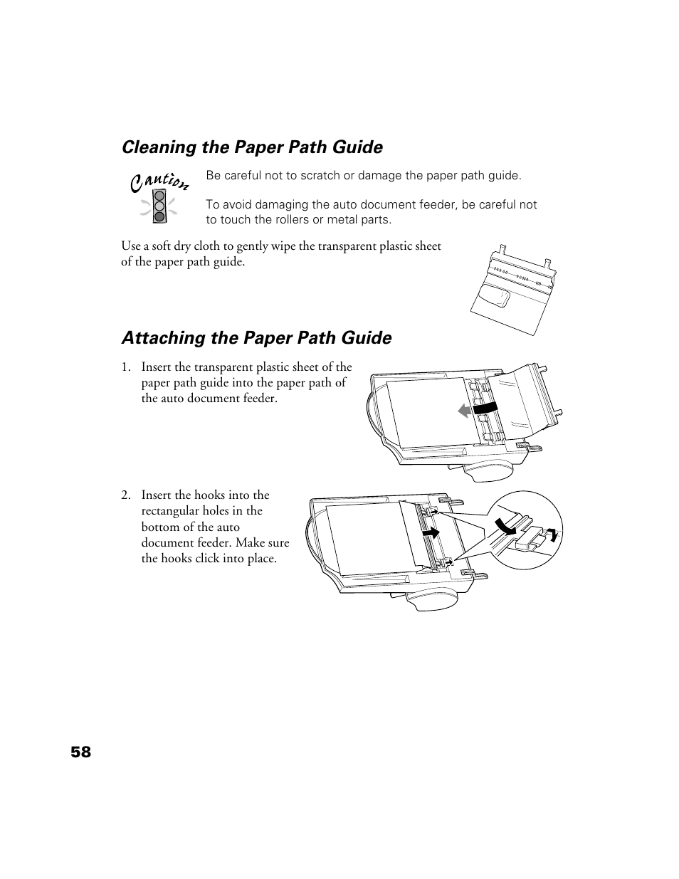 Cleaning the paper path guide, Attaching the paper path guide | Epson Perfection 1200U User Manual | Page 65 / 113