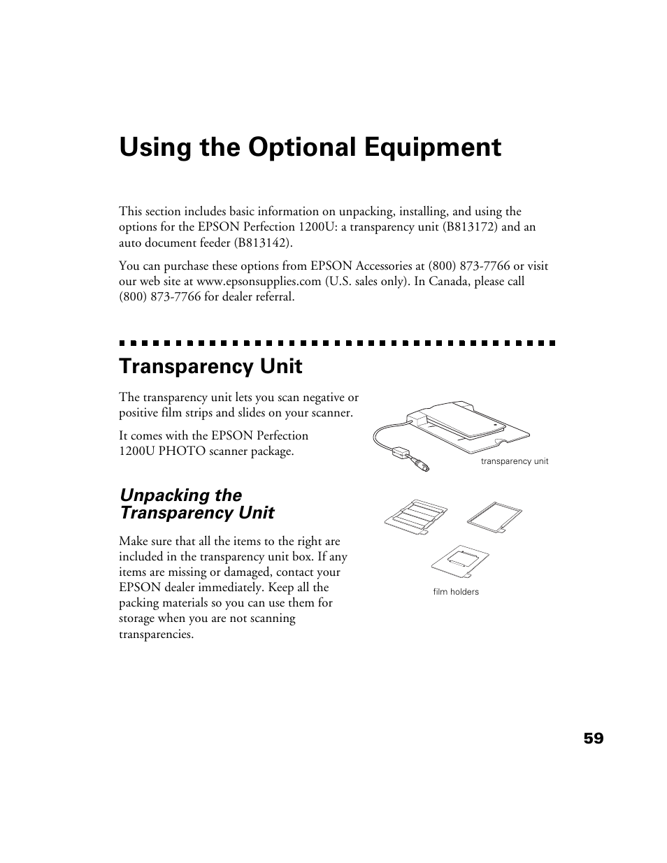 Using the optional equipment, Transparency unit, Unpacking the transparency unit | Epson Perfection 1200U User Manual | Page 66 / 113
