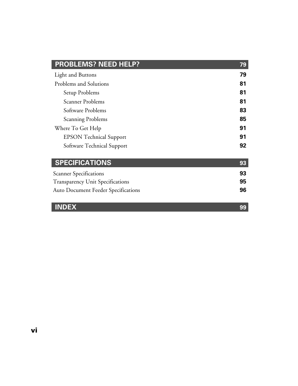 Vi problems? need help, Specifications, Index | Epson Perfection 1200U User Manual | Page 7 / 113
