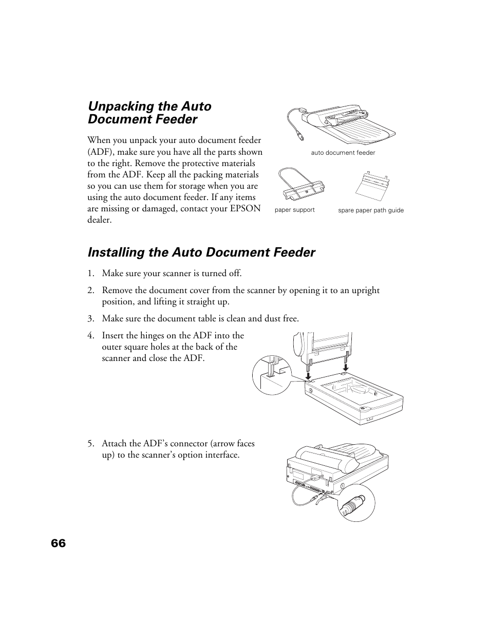 Unpacking the auto document feeder, Installing the auto document feeder | Epson Perfection 1200U User Manual | Page 73 / 113