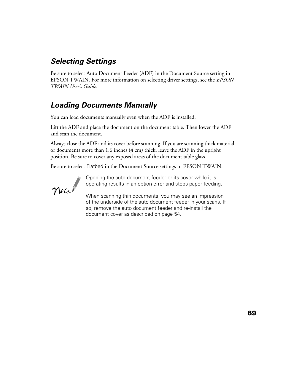 Selecting settings, Loading documents manually | Epson Perfection 1200U User Manual | Page 76 / 113