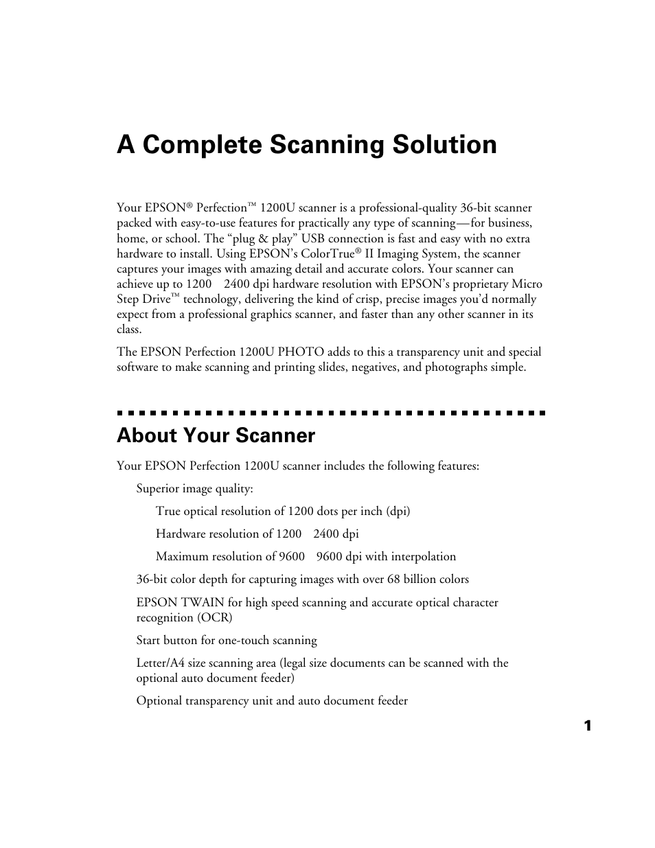 A complete scanning solution, About your scanner | Epson Perfection 1200U User Manual | Page 8 / 113