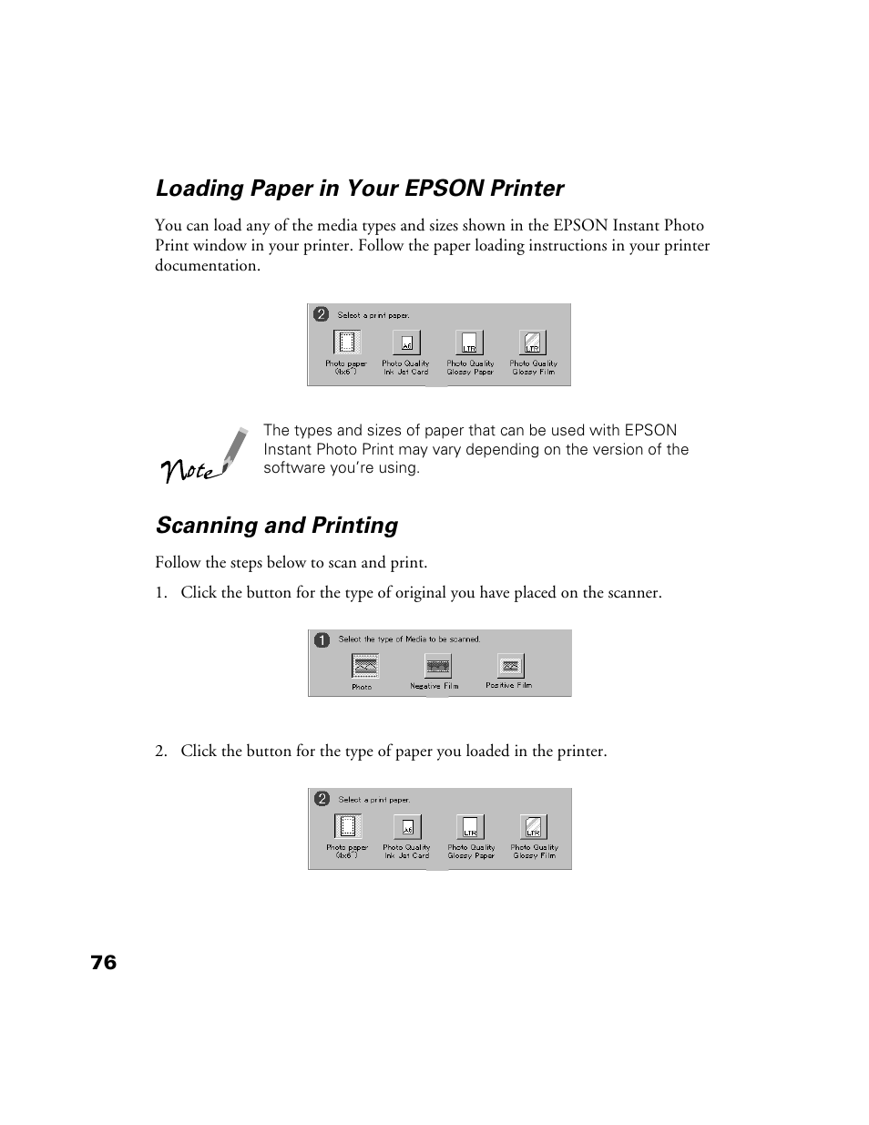Loading paper in your epson printer, Scanning and printing | Epson Perfection 1200U User Manual | Page 83 / 113